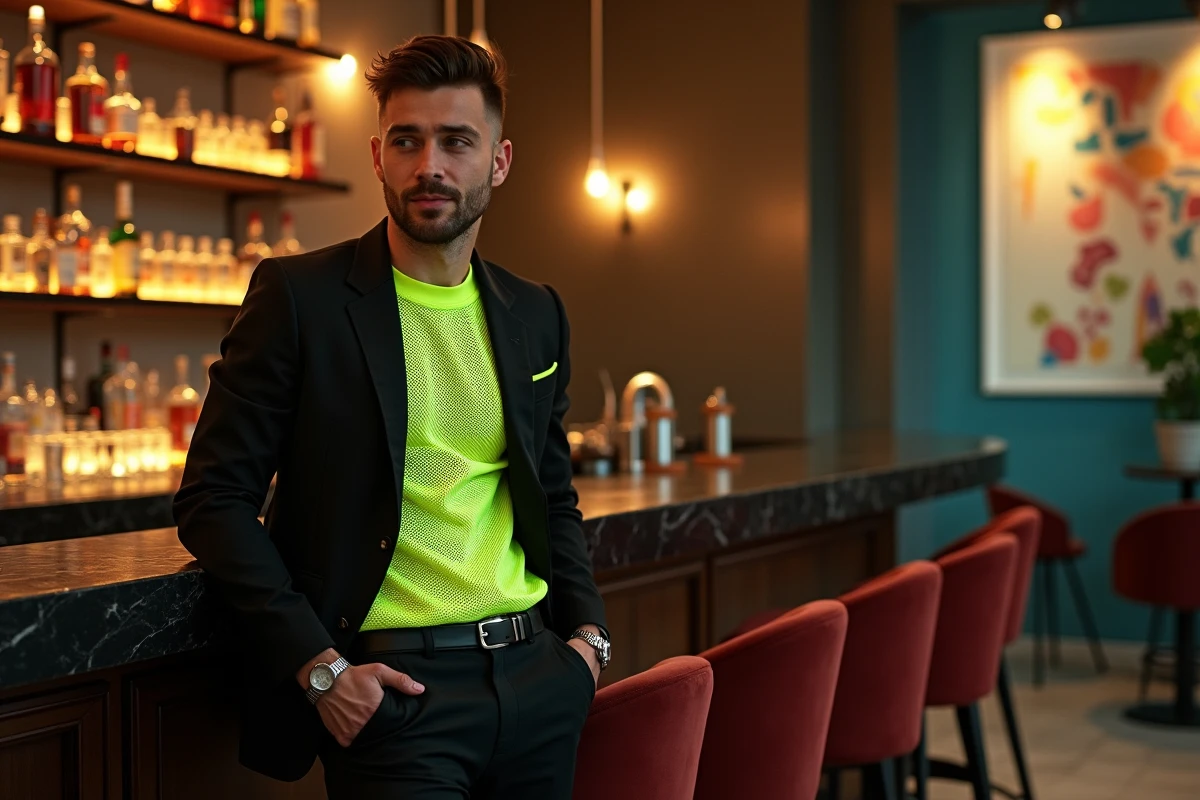 Jeune homme en tenue mode dans un lounge élégant