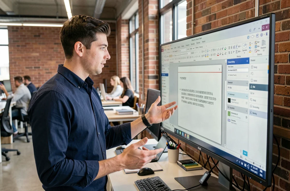 Jeune homme travaillant sur une présentation PowerPoint gratuite dans un espace de co-working