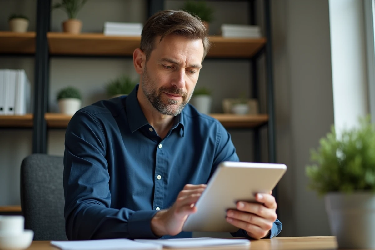 Homme en télétravail accédant à ses bulletins de paie en ligne via une tablette numérique