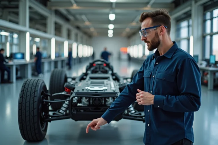 Ingénieur automobile examinant le châssis d'un véhicule électrique dans un centre de R&D moderne en 2024
