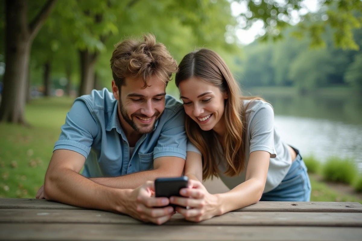 Deux jeunes adultes consultant les démarches d'inscription au BSR en ligne sur un smartphone en plein air