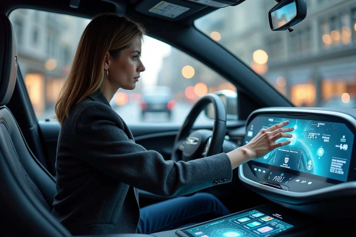 Femme utilisant l'interface tactile avancée d'un véhicule autonome prototype à bord d'un habitacle futuriste