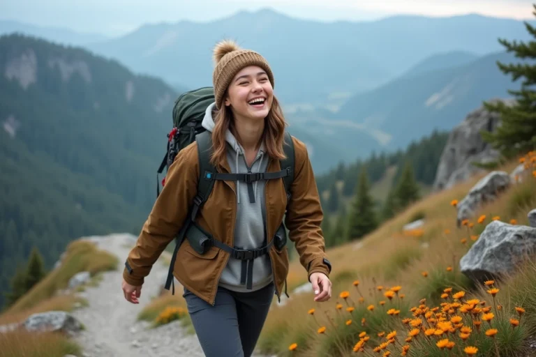 Jeune femme souriante au sommet d'une montagne en pleine nature