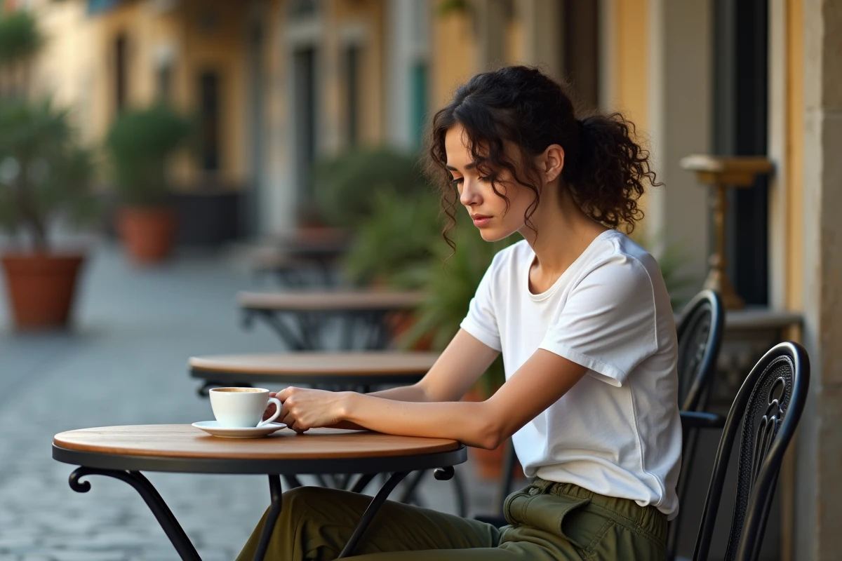 Jeune femme aux cheveux bouclés assise en terrasse de café, ambiance quotidienne et intimiste