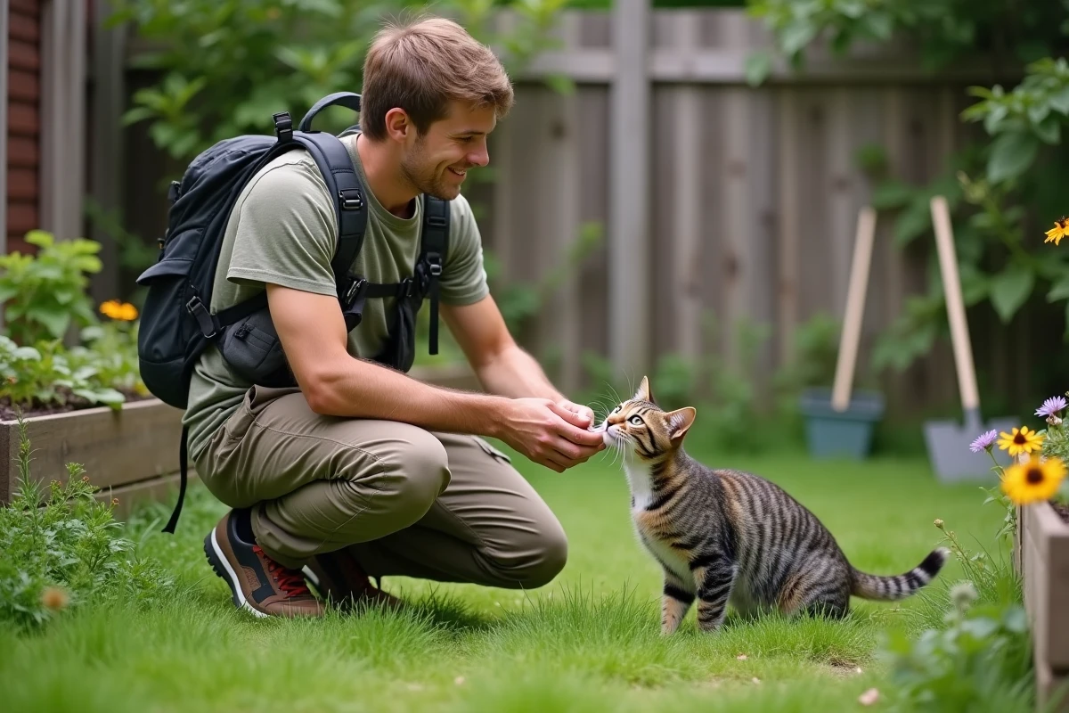 Jeune homme avec chat dans un jardin verdoyant