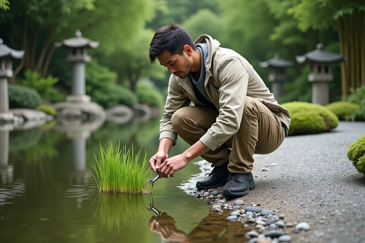 Jeune homme taillant un horsetail japonais au bord d’un étang