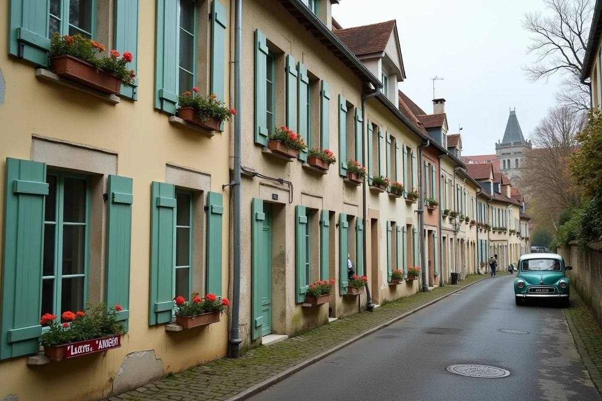 Rangée de maisons de ville françaises avec panneaux À Louer dans une rue pavée de ville moyenne en automne