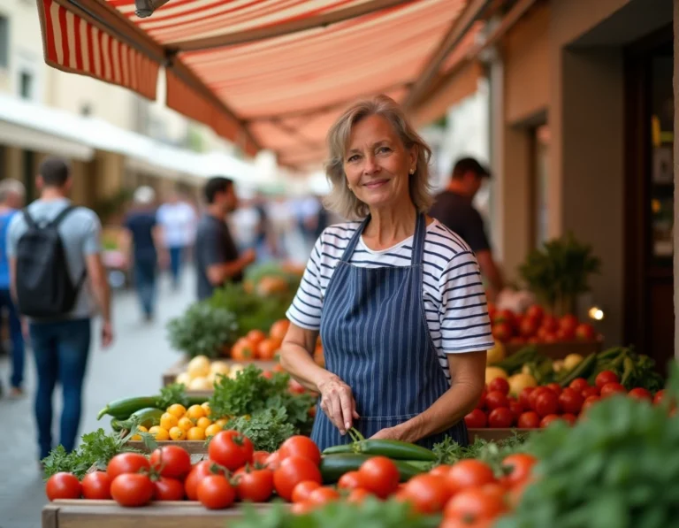 Marchande de légumes frais sur le marché de Fort Mahon avec étals colorés et auvents rayés