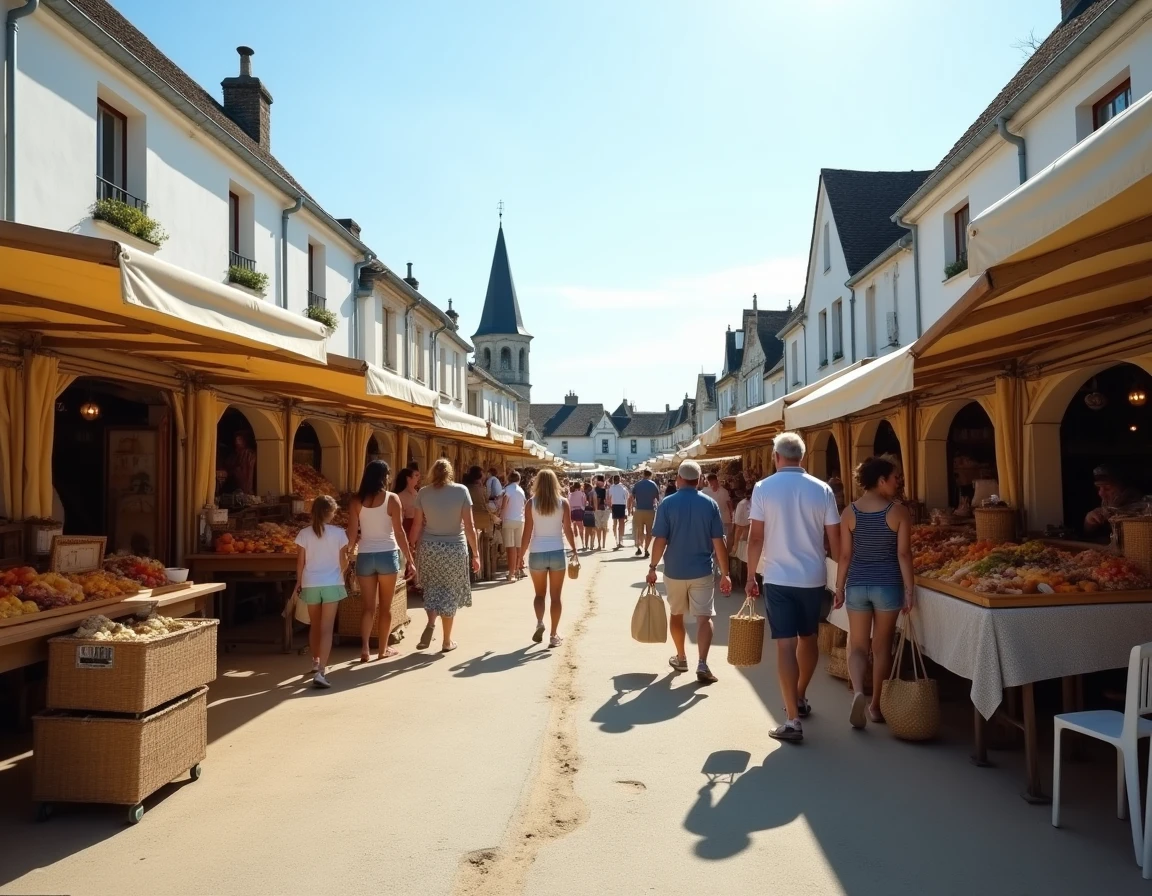 Vue panoramique du marché en plein air de Fort Mahon-Plage avec visiteurs et architecture normande
