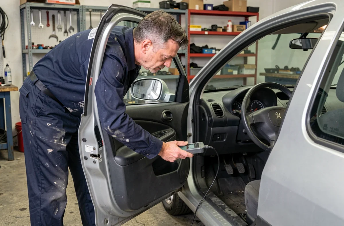 Mécanicien diagnostiquant les voyants d'une Peugeot 206 avec un lecteur OBD dans un garage