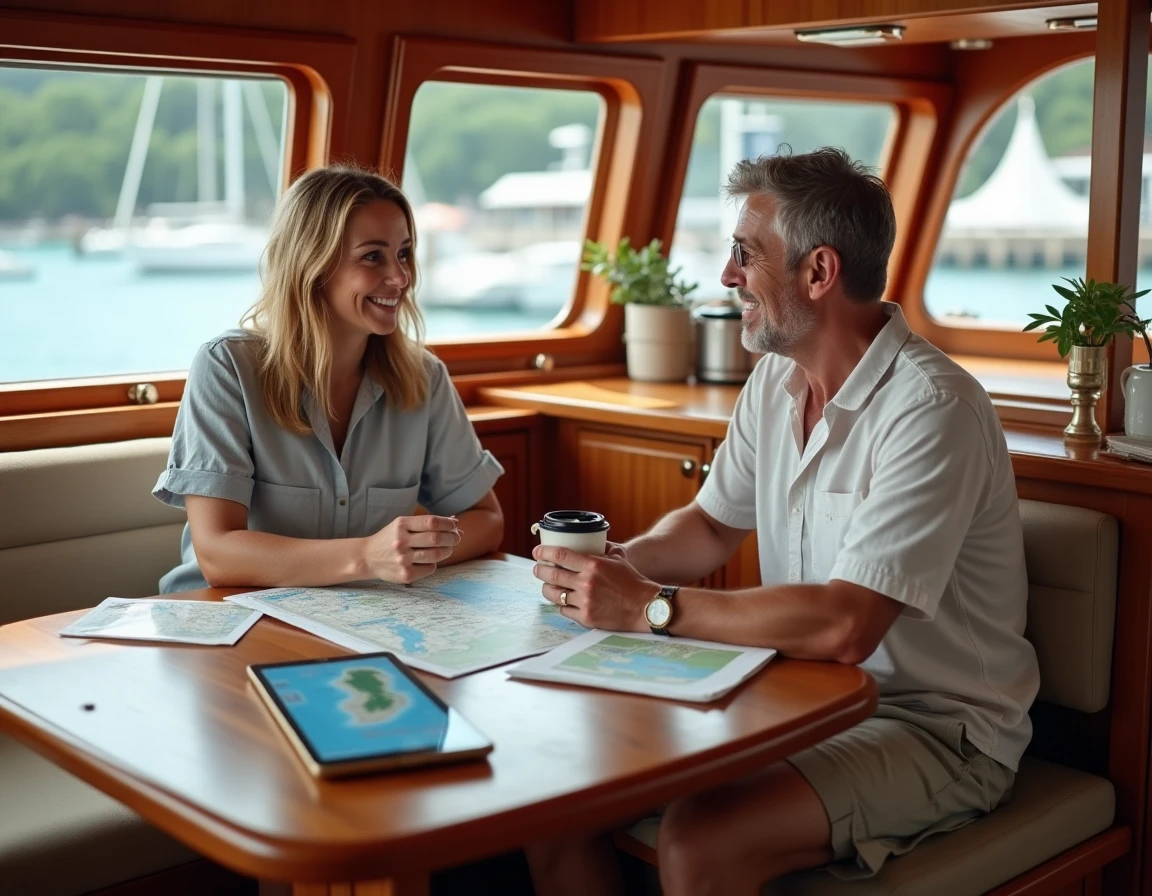Couple planifiant leur itinéraire de croisière en Polynésie à bord d'un voilier avec des cartes nautiques