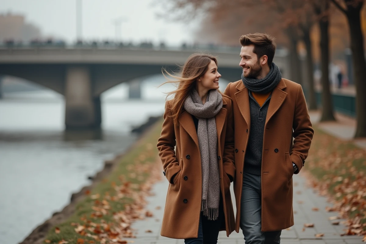 Couple marchant au bord de la rivière en automne