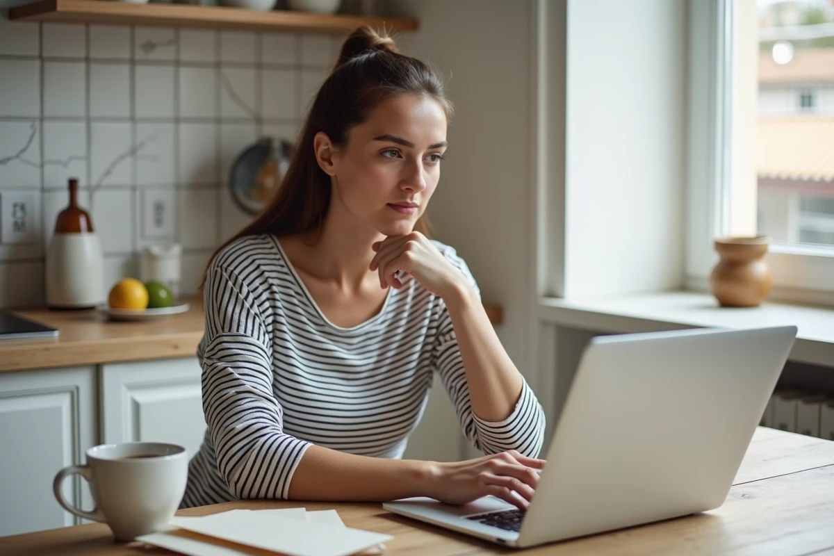 Jeune femme configurant la réexpédition de courrier en ligne sur le site La Poste depuis chez elle