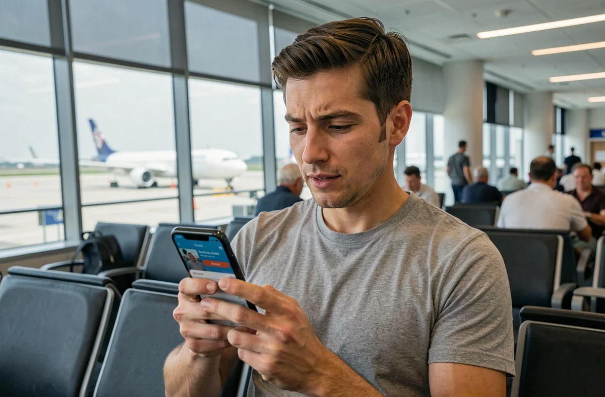 Homme consultant son application de réservation Transavia sur smartphone dans un aéroport