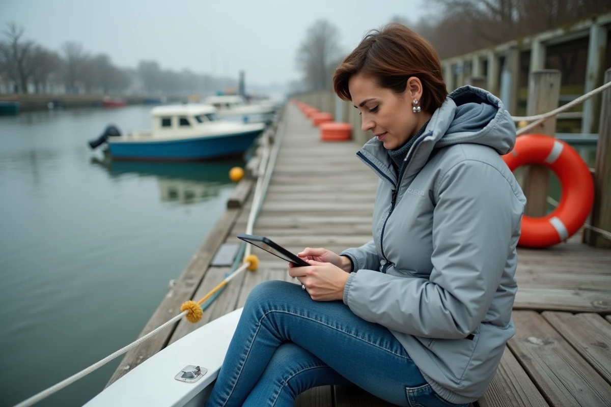 Femme révisant le BSR sur une tablette assise sur un bateau de plaisance amarré à un ponton