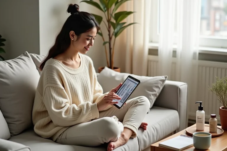 Jeune femme faisant du shopping beauté en ligne sur une tablette depuis son canapé