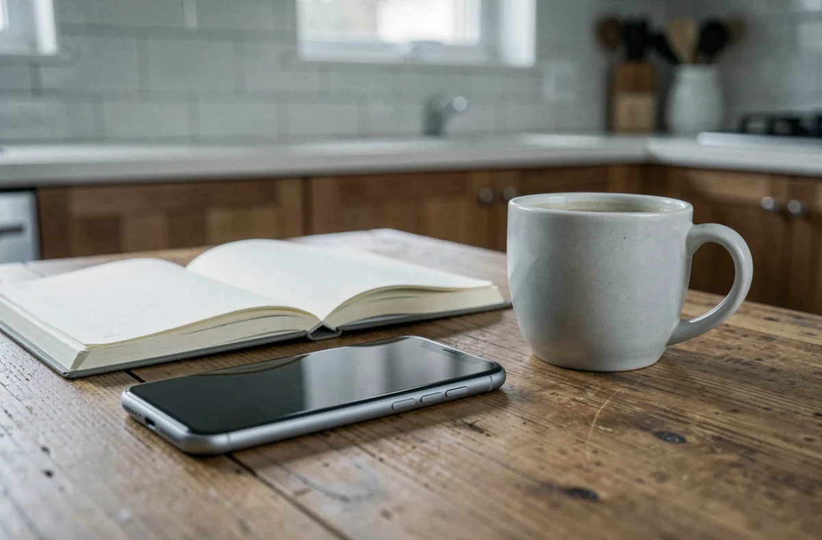 Smartphone retourné sur une table en bois avec un carnet et un café, symbole du choix de protéger sa vie privée et celle de sa famille à l'ère numérique