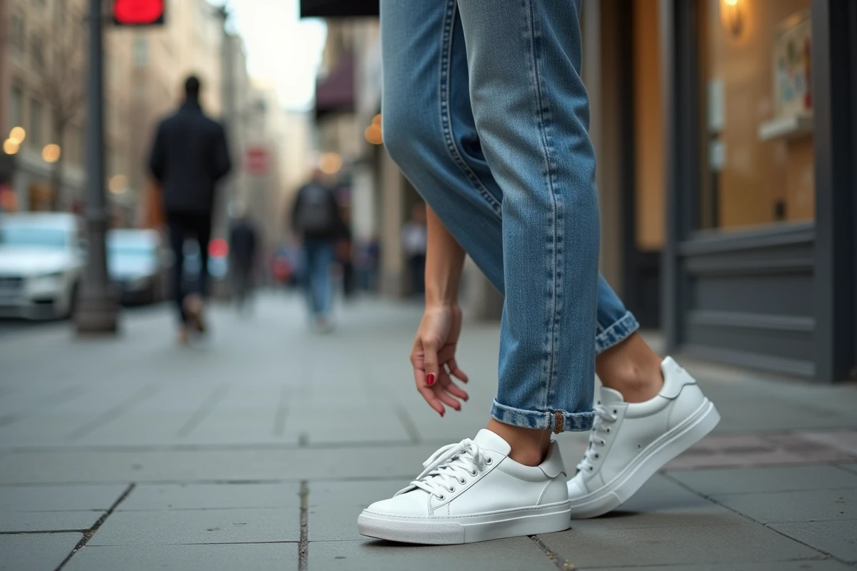 Femme dans la rue vérifiant le confort de ses sneakers Michael Kors en cuir blanc dans un contexte urbain
