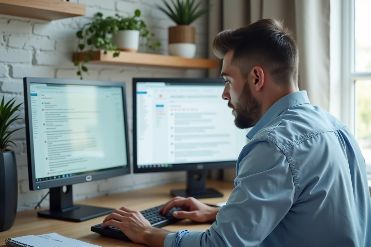 Homme en télétravail consultant son webmail Convergence Lyon sur un poste informatique à double écran depuis son bureau à domicile