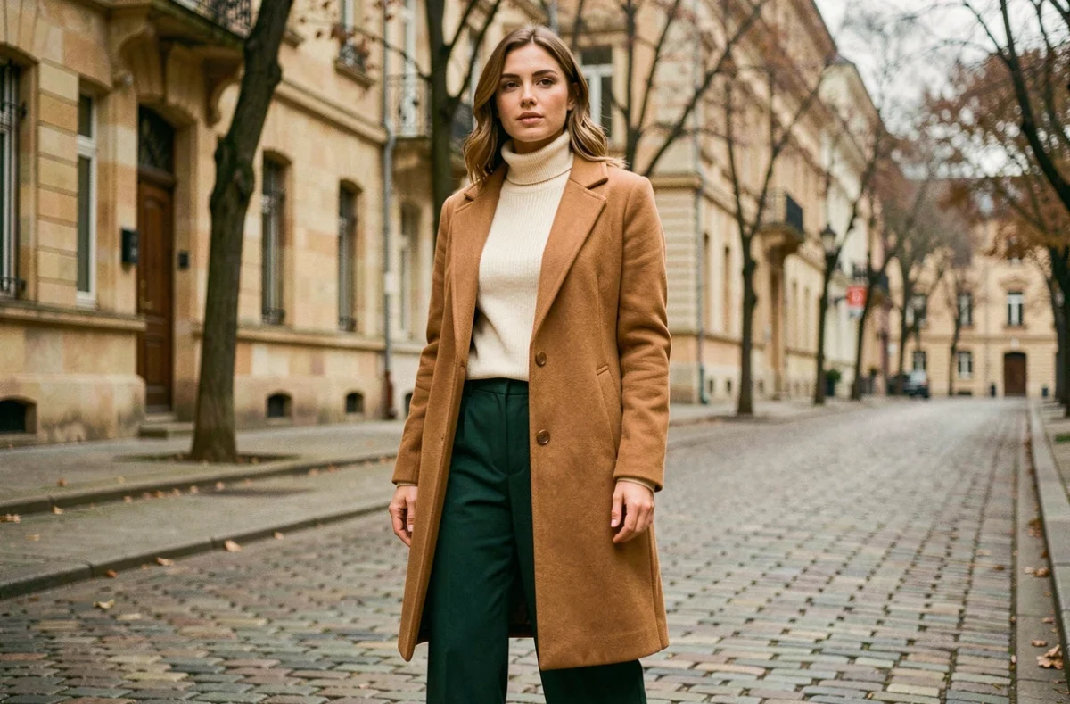 Femme élégante en manteau camel et pantalon large vert forêt dans une rue pavée européenne, tendances mode automne-hiver