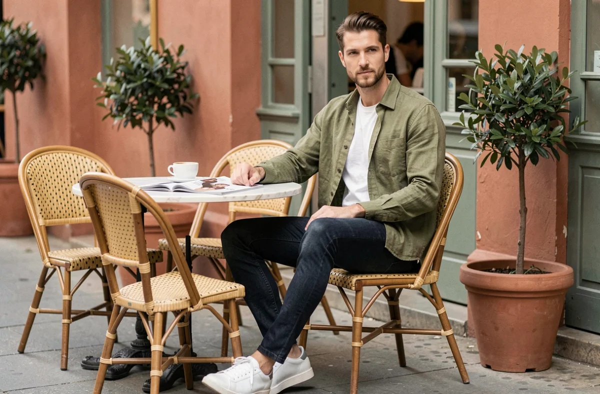 Homme stylé en overshirt en lin olive et jean indigo assis en terrasse de café parisien, mode masculine tendance