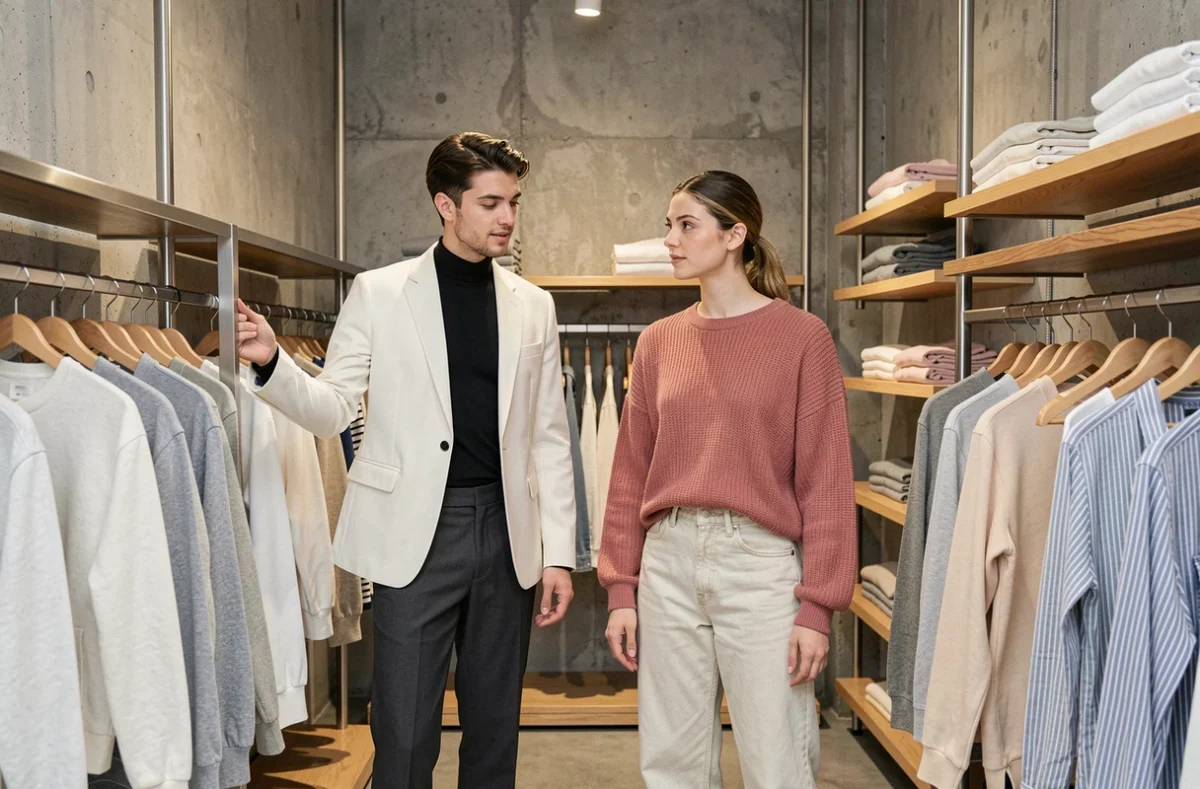 Deux amies tendance faisant du shopping dans un concept store minimaliste, tenues mode contemporaine aux tons neutres