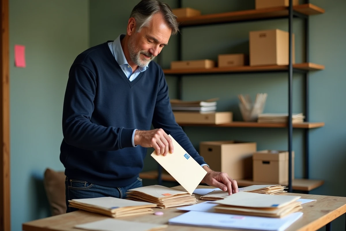 Homme triant des lettres et enveloppes avec étiquettes de réexpédition lors d'un déménagement à domicile