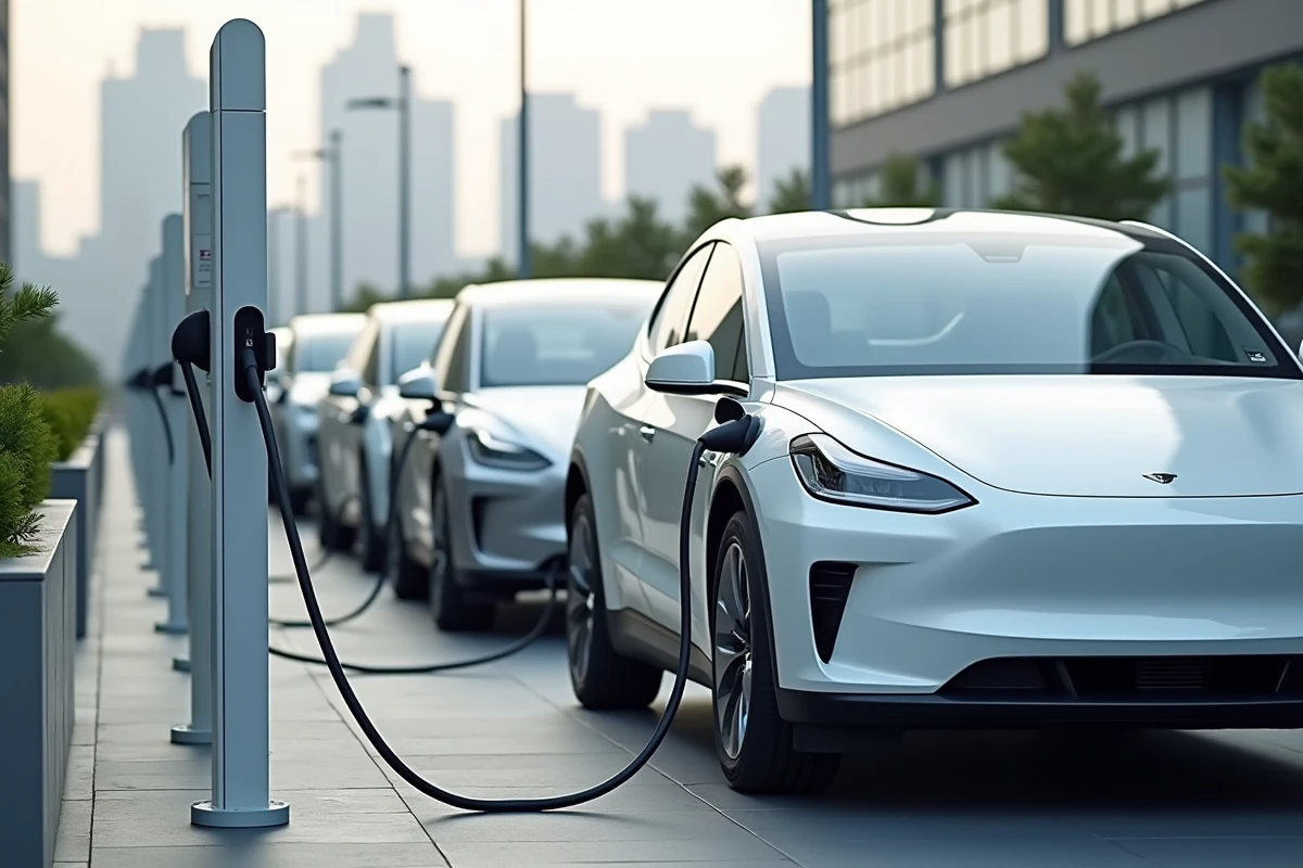 Rangée de véhicules électriques branchés à des bornes de recharge modernes dans un quartier urbain technologique en 2024