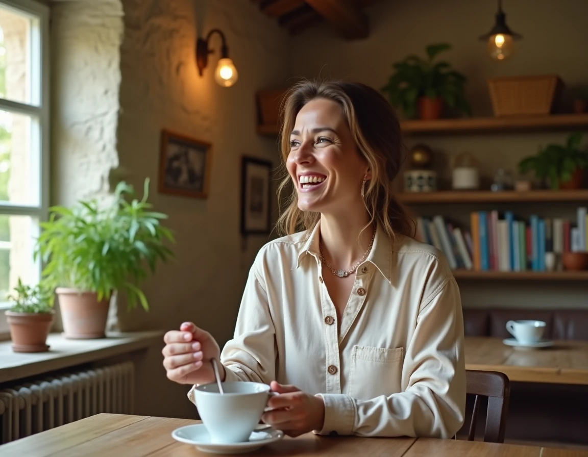 Femme souriante dans une maison de campagne française, tenant une tasse de café, illustrant la vie privée et l'intimité d'un foyer chaleureux