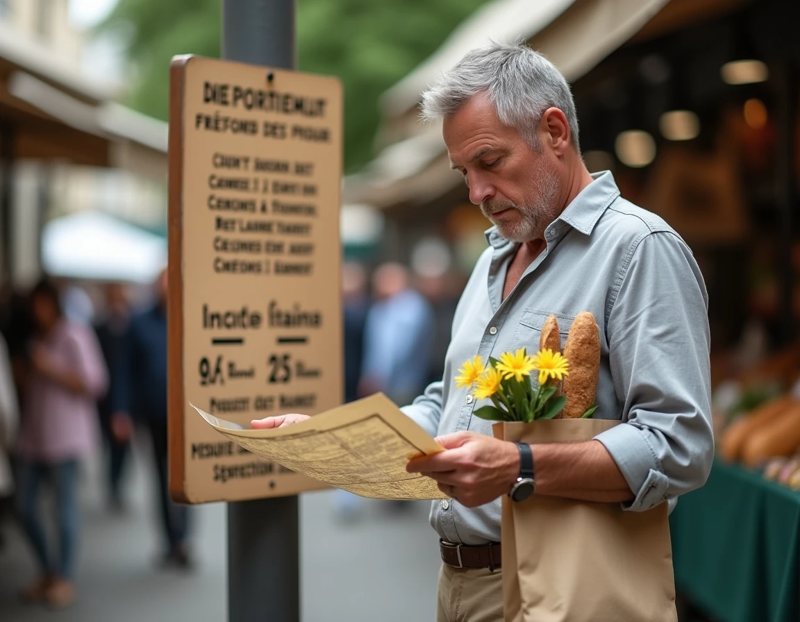 Visiteur consultant un plan du marché de Fort Mahon avec sac de courses et panneau horaires