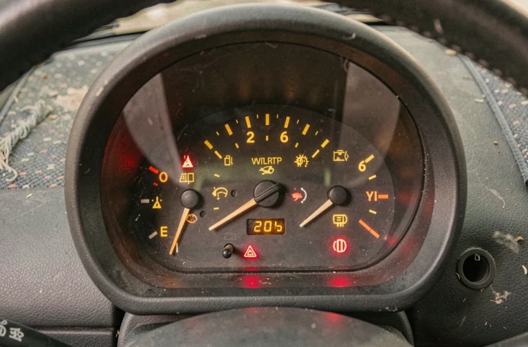 Tableau de bord d'une Peugeot 206 avec plusieurs voyants lumineux allumés en orange et rouge